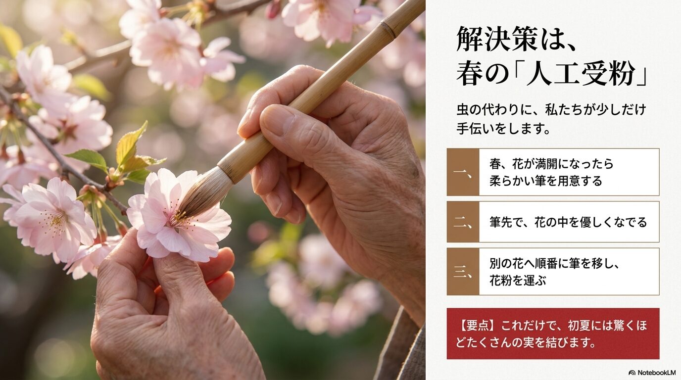 柔らかい筆を使ったユスラウメの人工受粉の3つのステップ