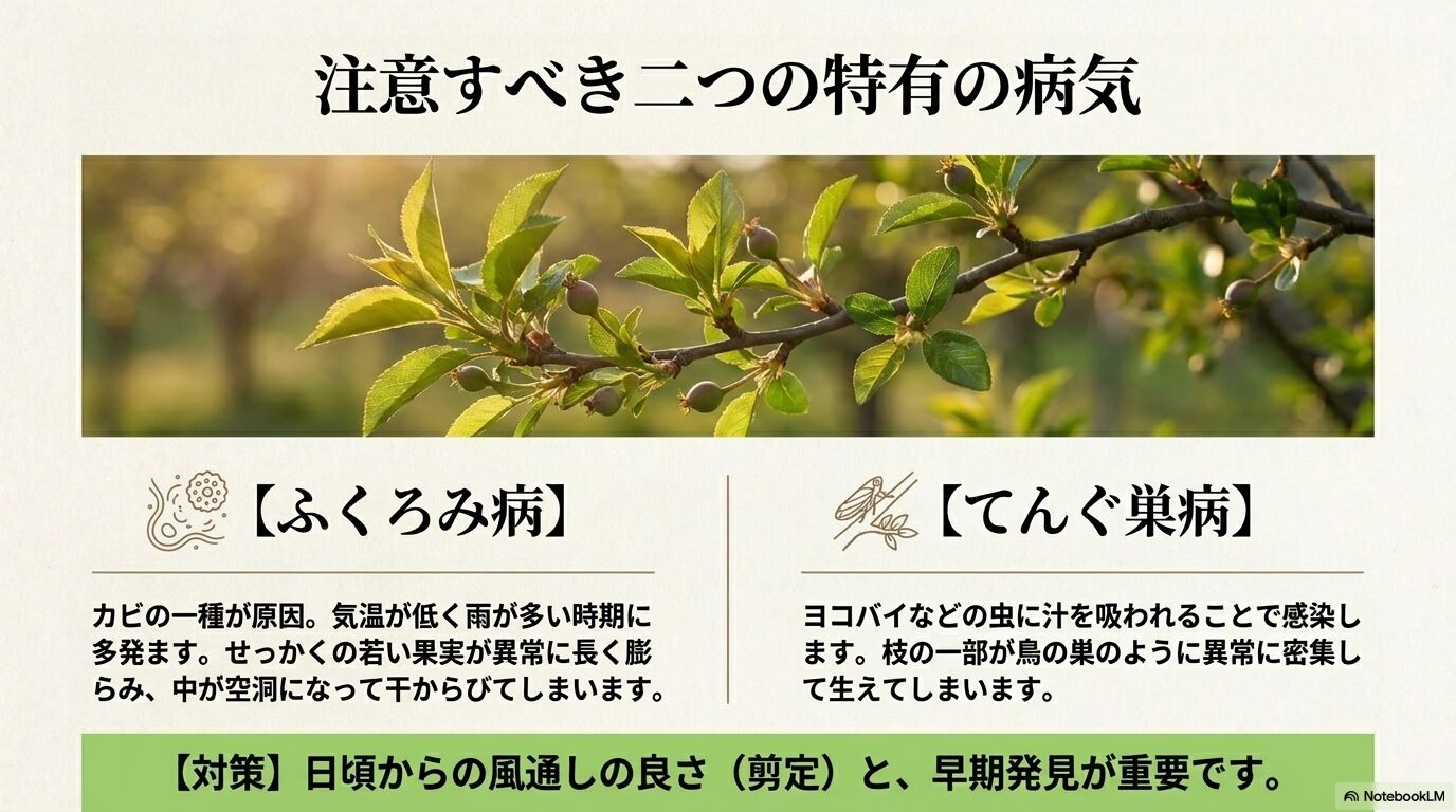 ユスラウメが注意すべきふくろみ病とてんぐ巣病の症状と対策