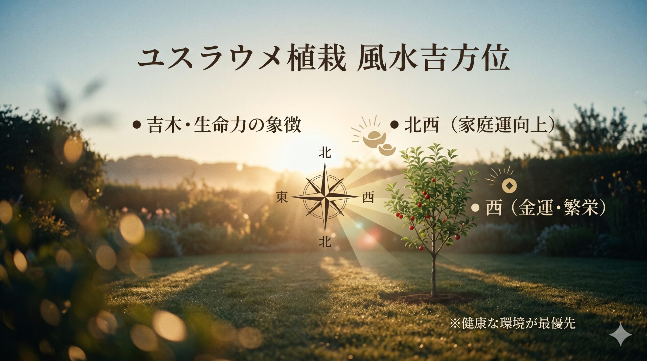 スライド画像：ユスラウメを庭に植える際の風水的吉方位（北西・西）と縁起。美しい朝日の庭を背景に、コンパスとユスラウメの木が配置され、簡潔なポイント（「吉木・生命力の象徴」、「北西（家庭運向上）」、「西（金運・繁栄）」）と注意書き（「※健康な環境が最優先」）が記されている。気品のあるデザイン。