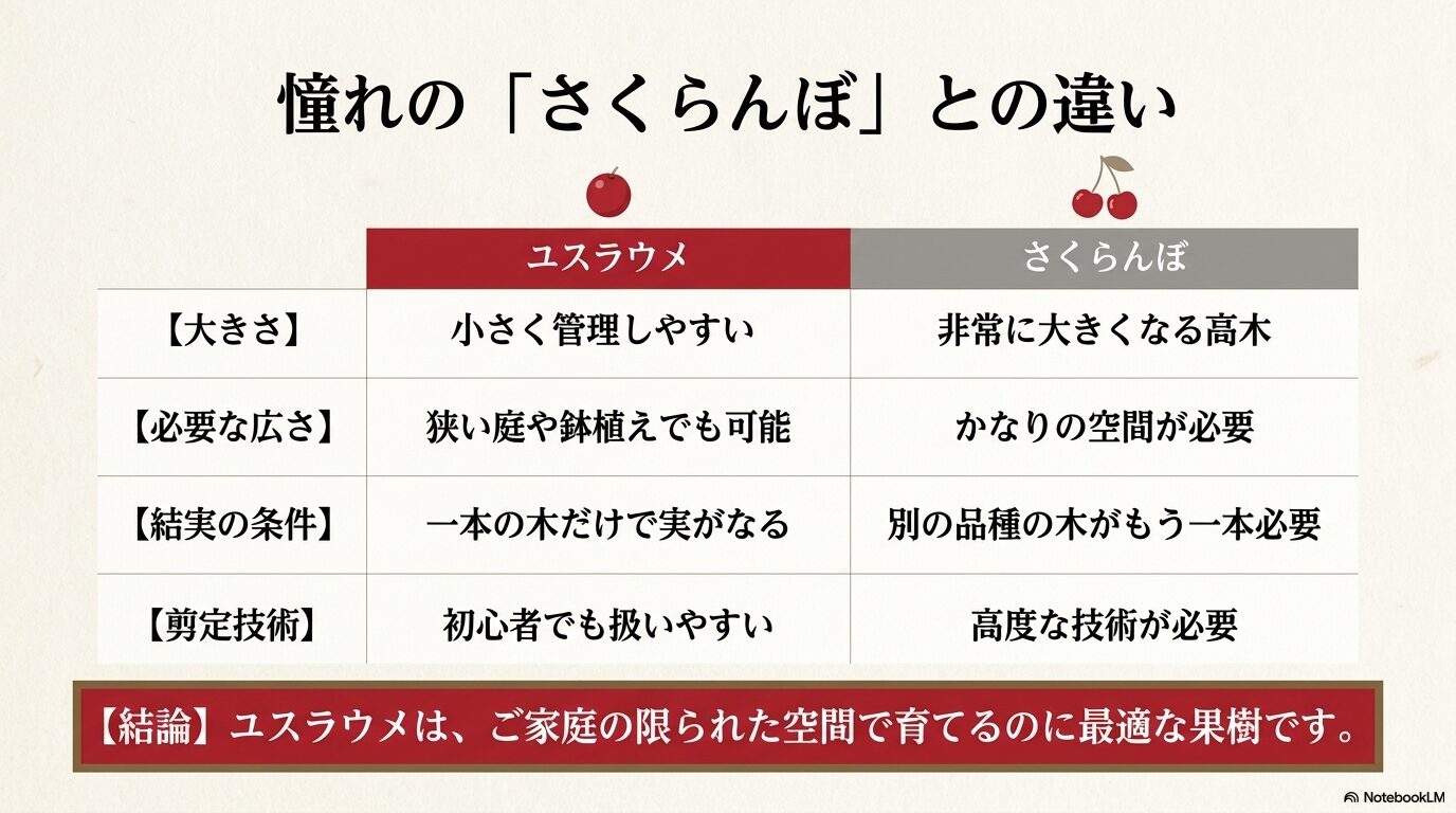 ユスラウメとさくらんぼの大きさ、必要な広さ、結実条件の比較表