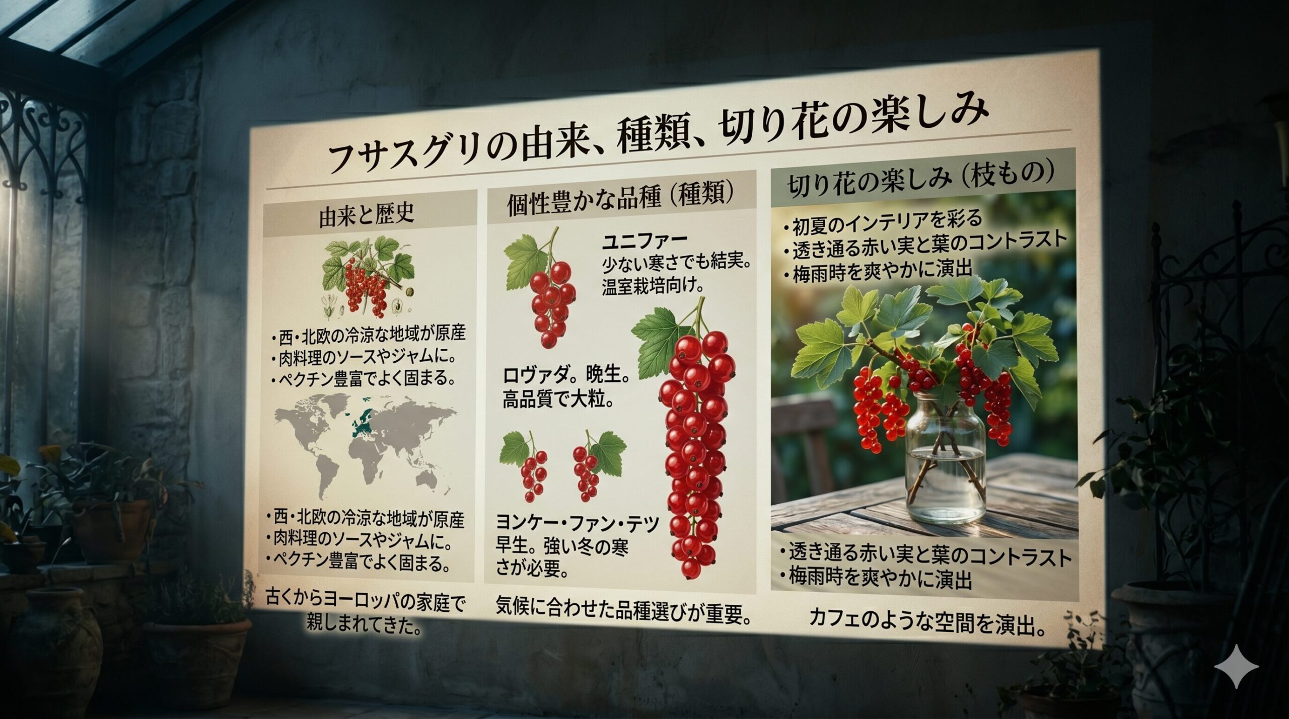 フサスグリの由来、個性豊かな品種（ロヴァダなど）、切り花としての活用例をまとめた上品なスライド画像。