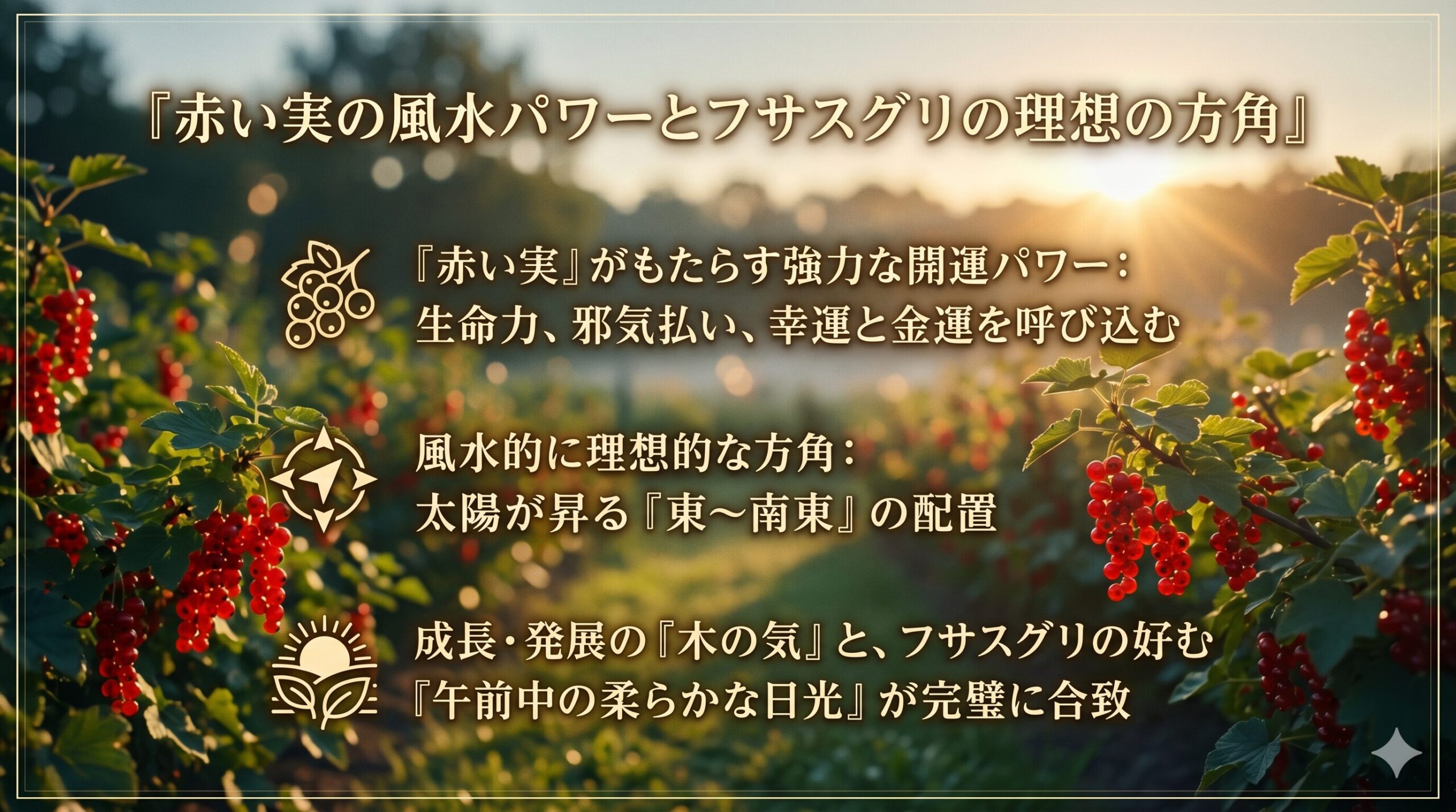赤い実の風水パワーとフサスグリの理想の方角（スライド）