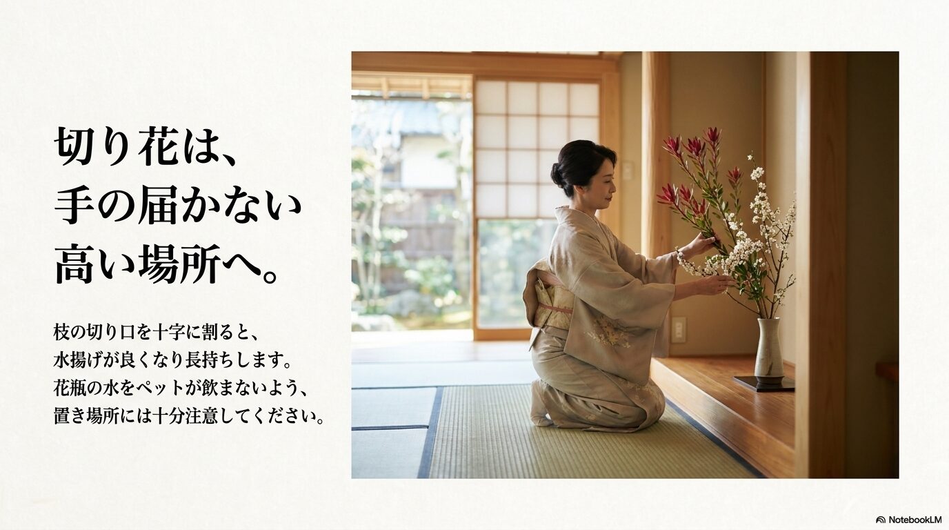 和室でアセビを生ける様子と、水揚げを良くする「十字割り」のコツ、ペットへの注意喚起を記載したスライド。