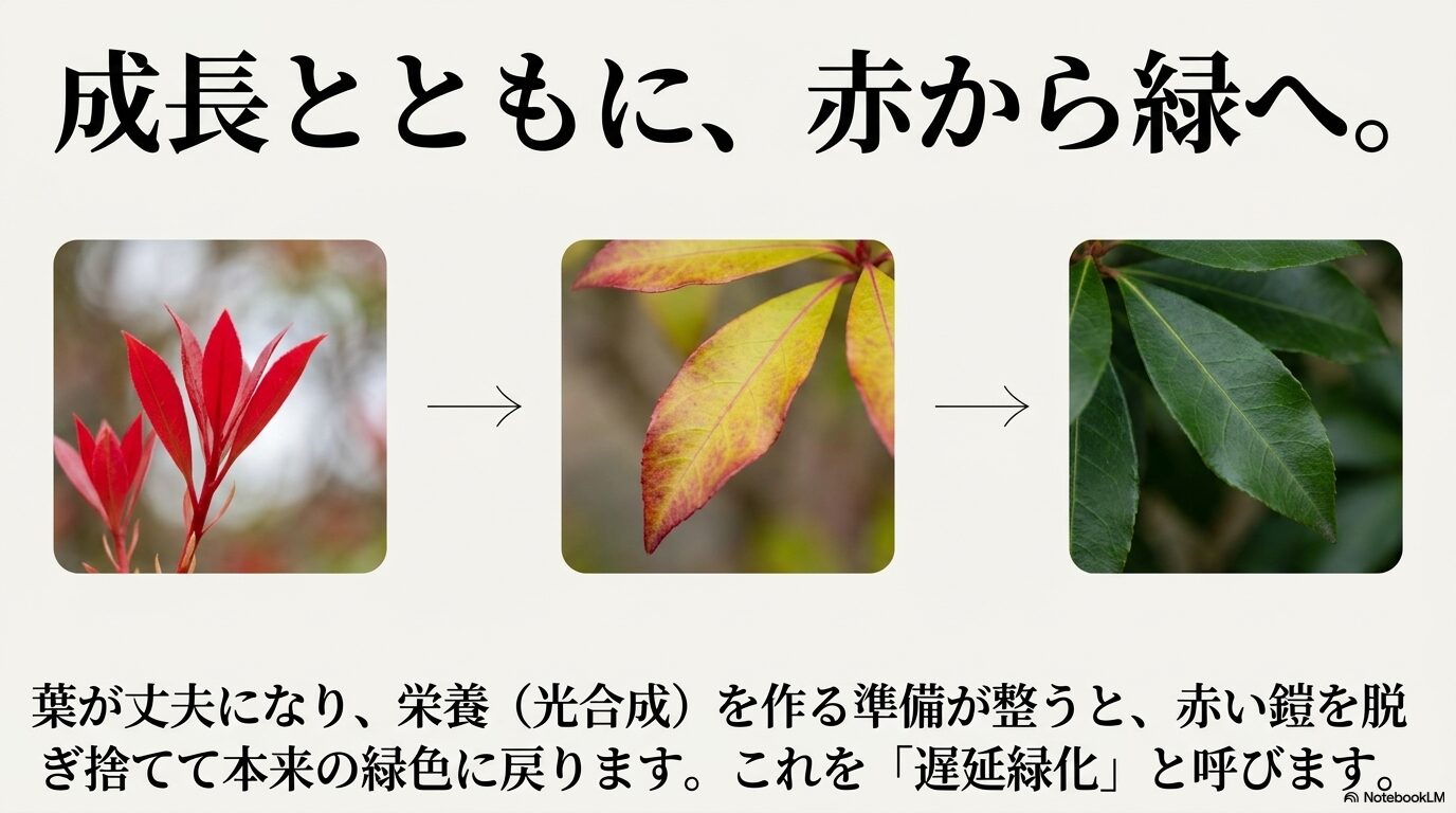 新芽の赤から成葉の緑へと変化する「遅延緑化」のプロセスを3段階の写真で示すスライド。