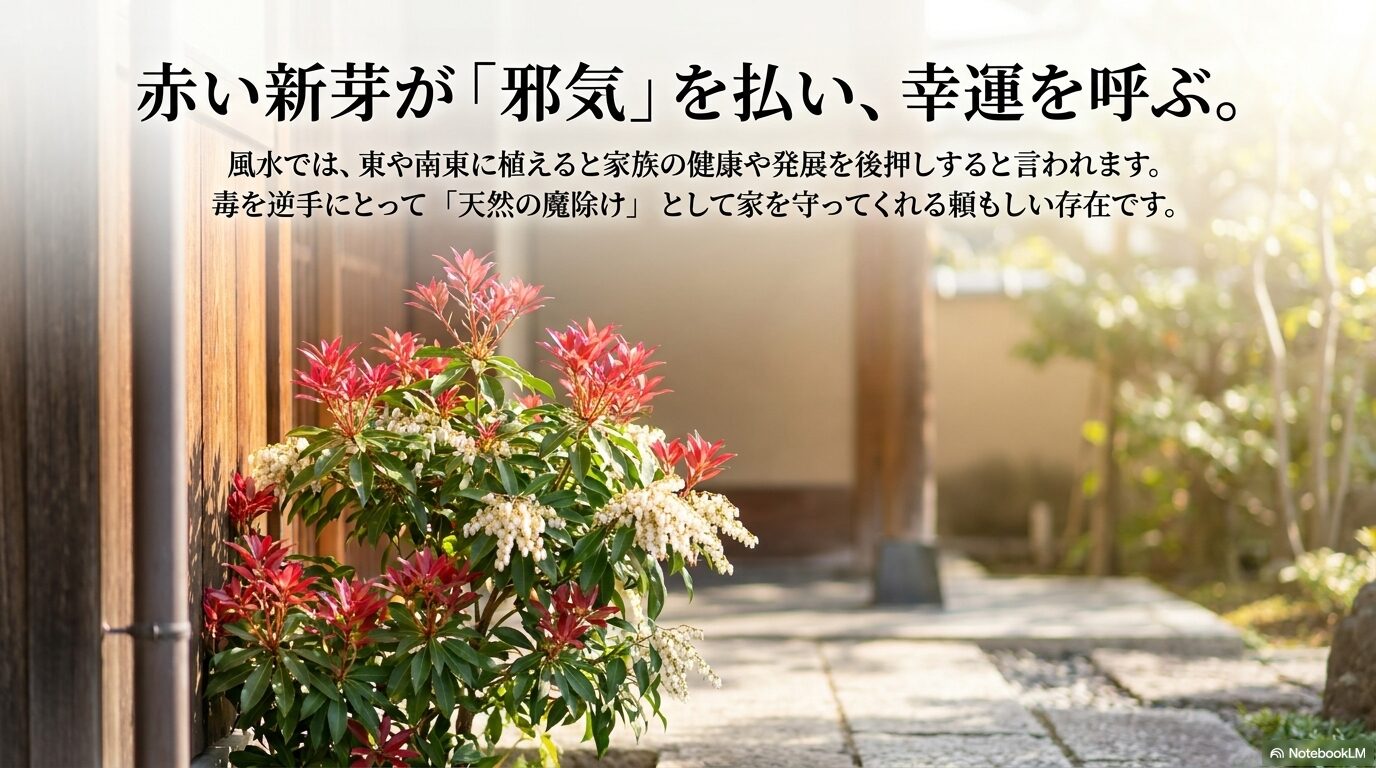 東や南東に植えることで健康や発展を促し、魔除けにもなるという風水的活用を説明するスライド。