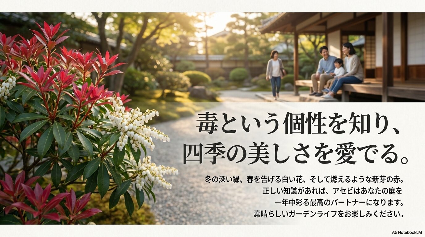 四季折々の変化を楽しめる最高のパートナーとしてアセビを紹介する、記事の締めくくりスライド。