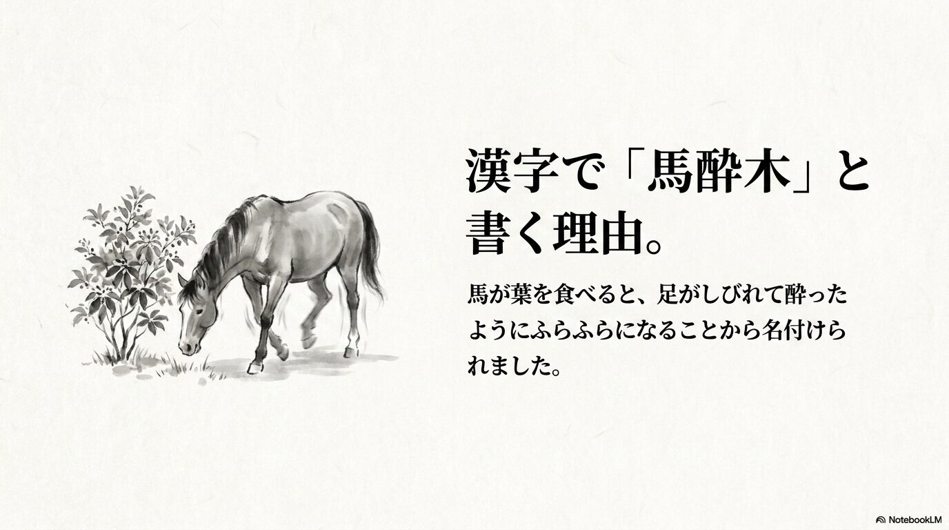 馬がアセビの葉を食べて酔ったようにふらふらする様子を描いた、漢字の由来を説明するイラストスライド。