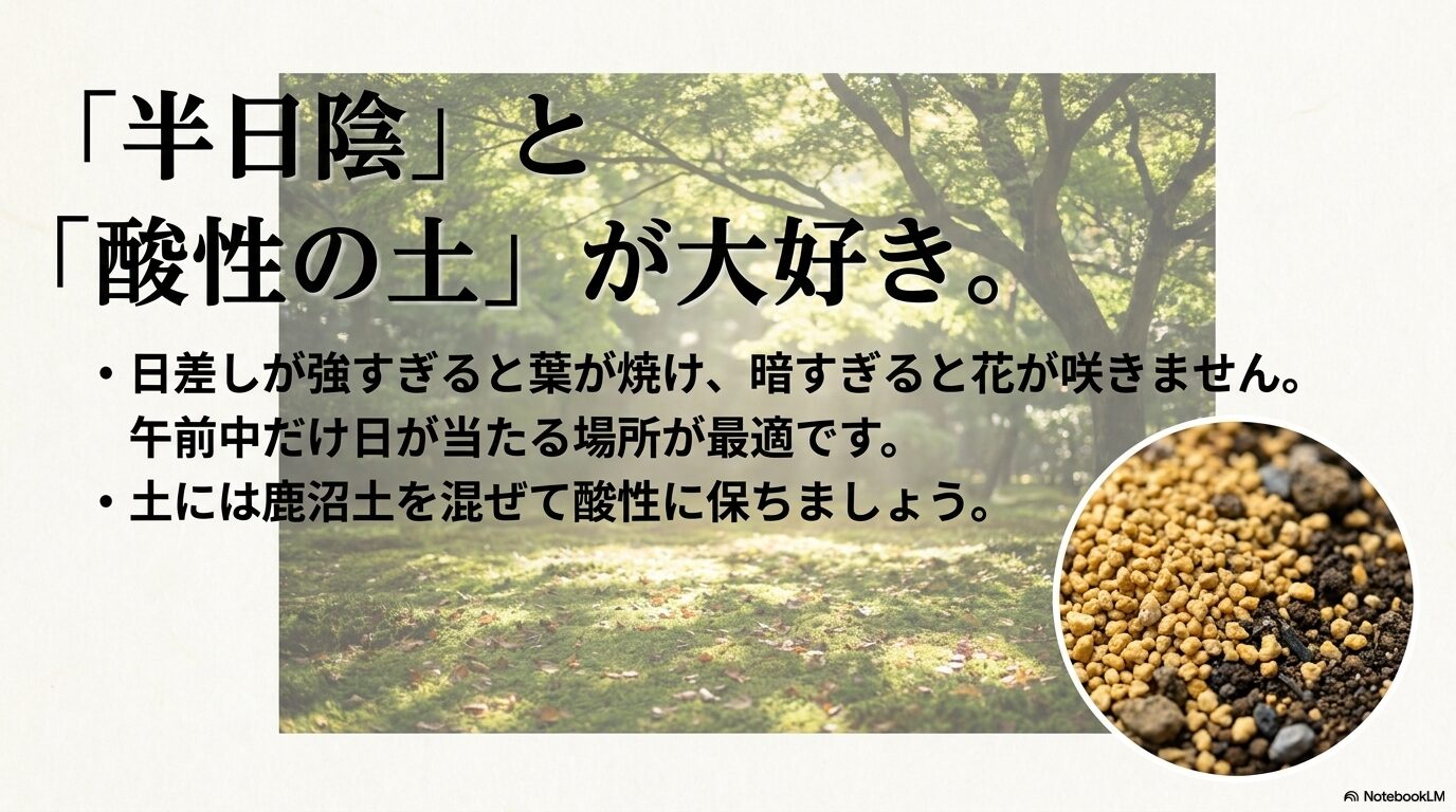 半日陰を好み、鹿沼土などで酸性に保つことが大切であることを解説するスライド。
