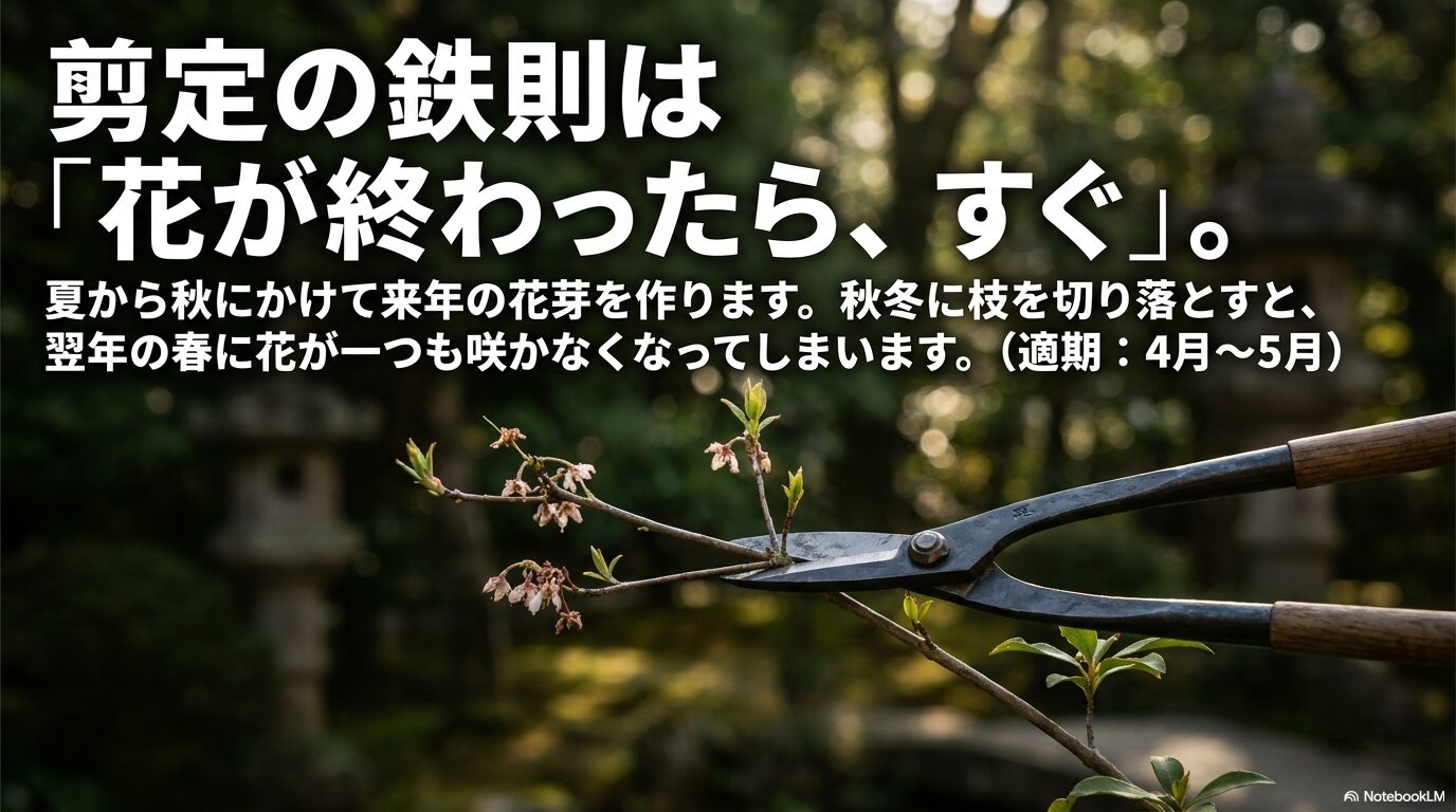 4月から5月の花後すぐが剪定の適期であることを解説するスライド。