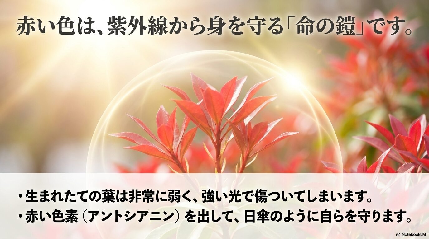 新芽に含まれるアントシアニンが紫外線のダメージから葉を守る「命の鎧」であることを説明するスライド。