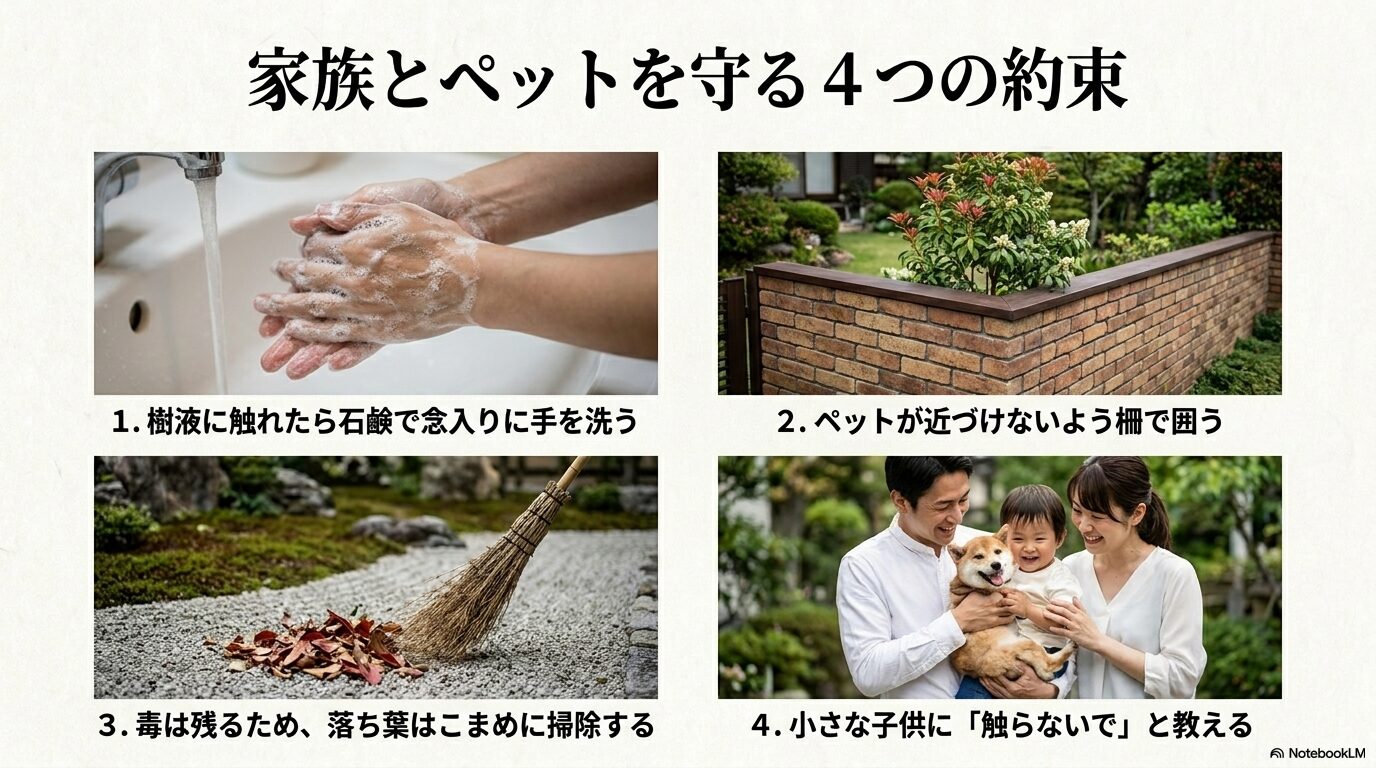手洗い、柵の設置、落ち葉の掃除、子供への教育という4つの安全管理ポイントをまとめたスライド。