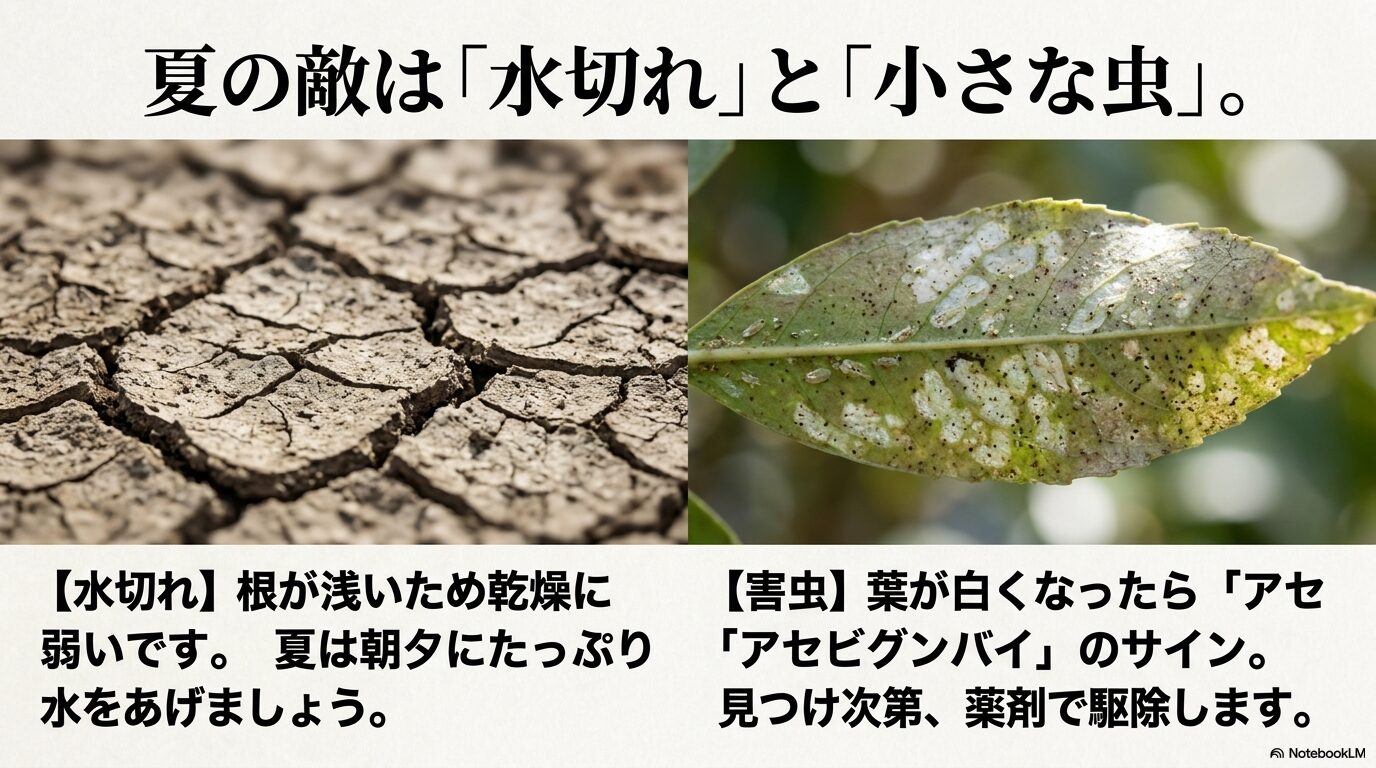 夏の水切れ対策と、害虫アセビグンバイへの対処法をまとめたスライド。