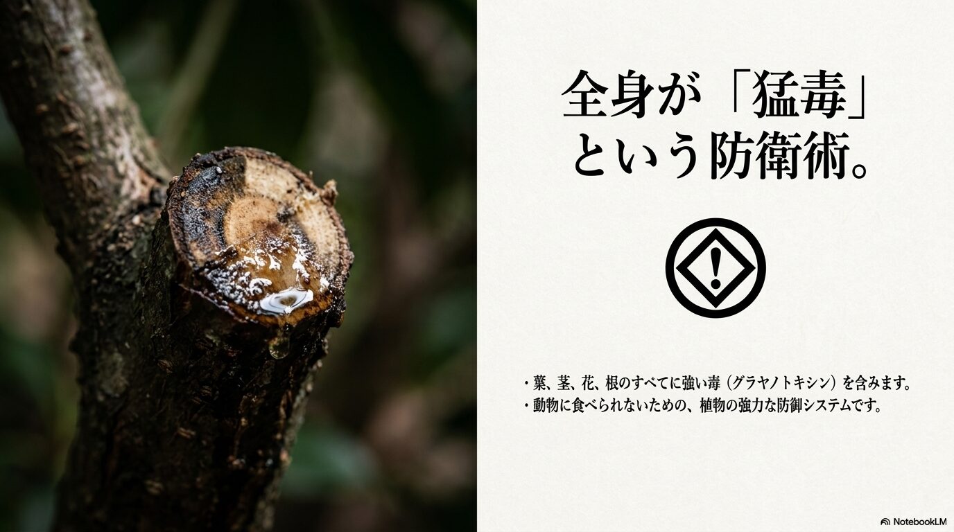 アセビの全草に強い毒が含まれていることと、その成分名を説明する注意喚起スライド。