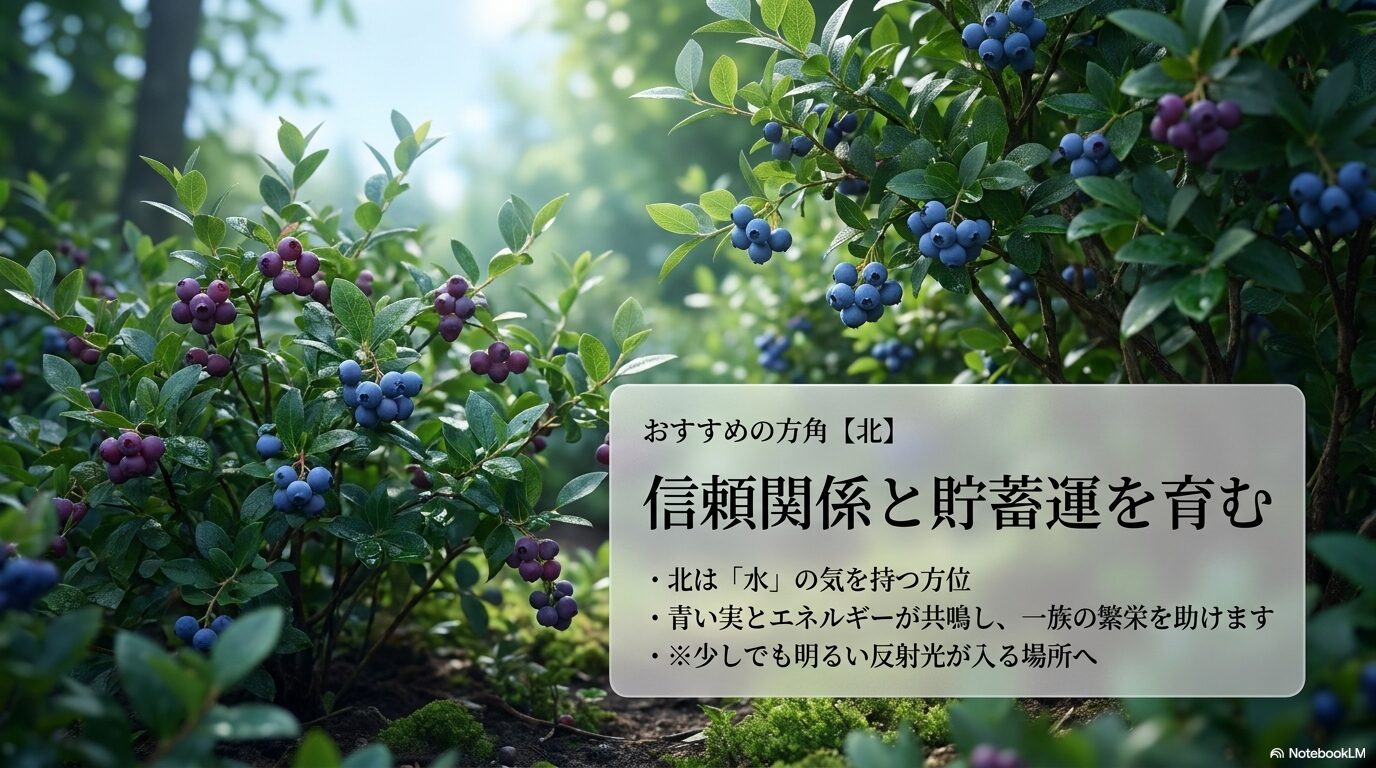 ブルーベリーの風水方角（北）：信頼関係と貯蓄運を育む配置