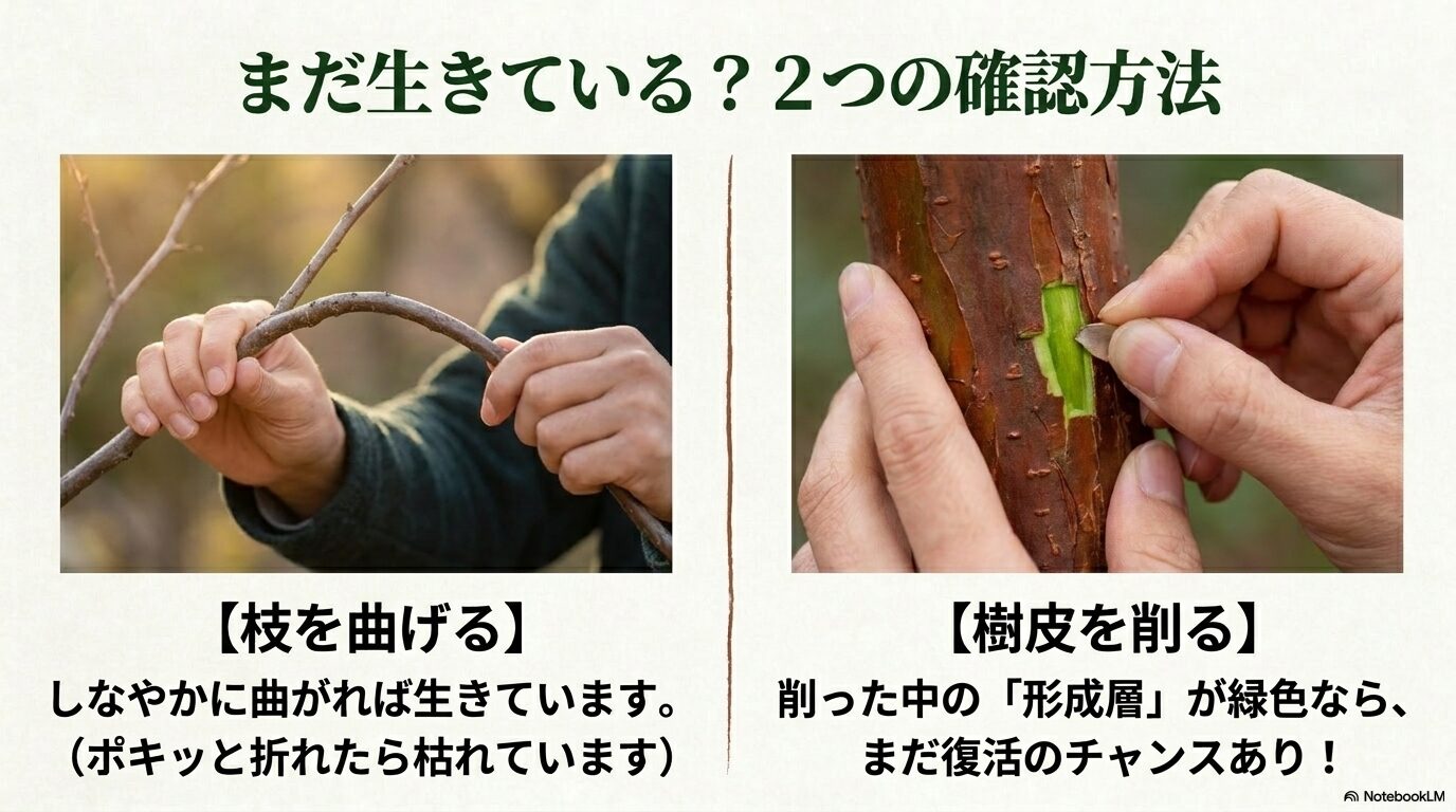 枝がしなやかに曲がるか、樹皮を削った中の形成層が緑色かどうかで生存を確認する方法の比較画像