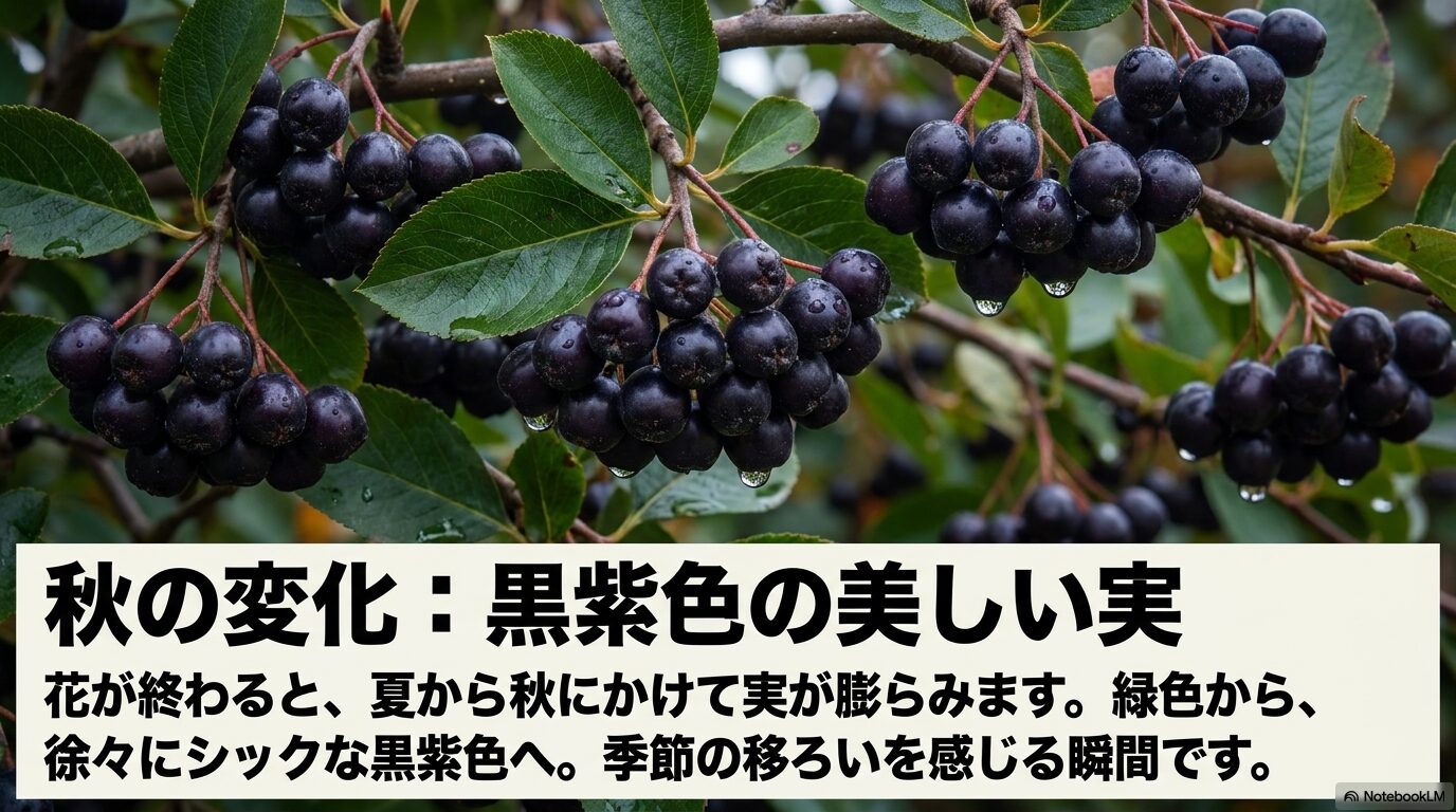 ハイノキの実が緑色から黒紫色へシックに変化する季節の移ろい