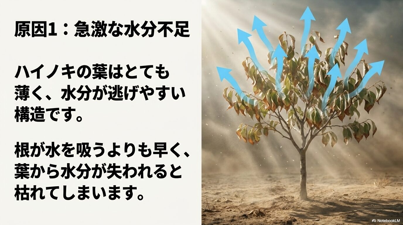 薄い葉の構造により、根の吸水より早く葉から水分が失われるメカニズム