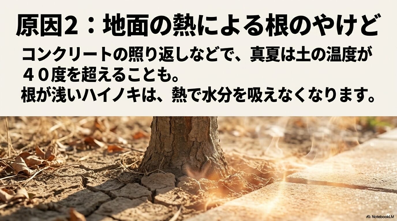浅い根を持つハイノキが地面の熱（40度超）で水分を吸えなくなるリスク