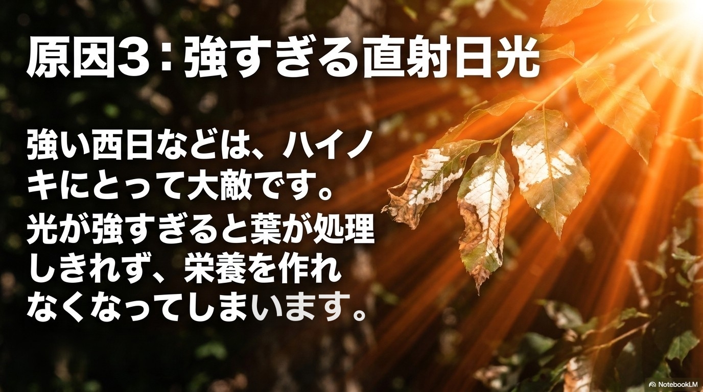 強すぎる直射日光により葉が栄養を作れなくなる「光阻害」の説明