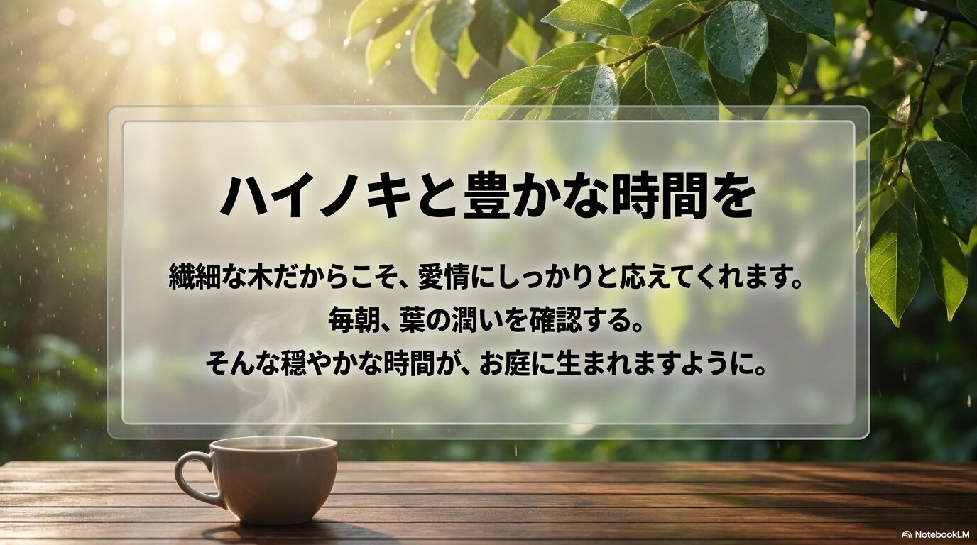 毎朝葉の潤いを確認し、愛情に応えてくれるハイノキと過ごす豊かな時間