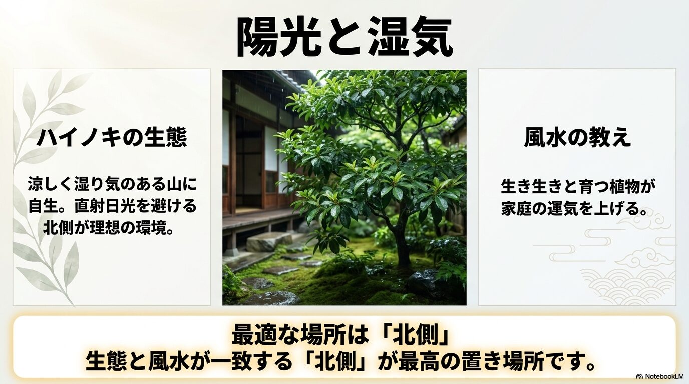 ハイノキの自生環境である涼しく湿り気のある場所と、風水の相生関係が一致する北側の解説