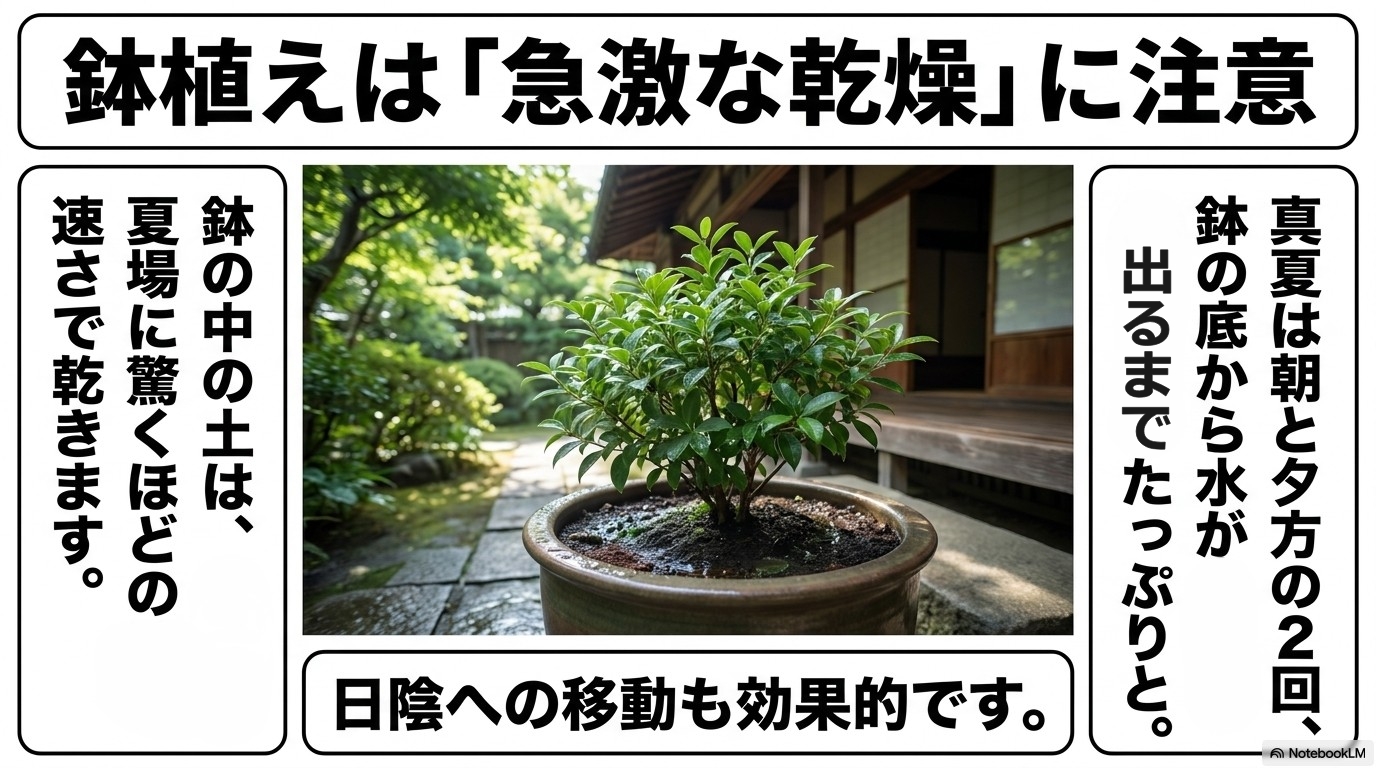鉢植えの土の乾燥スピードと、真夏の朝夕2回の水やり、日陰への移動の重要性