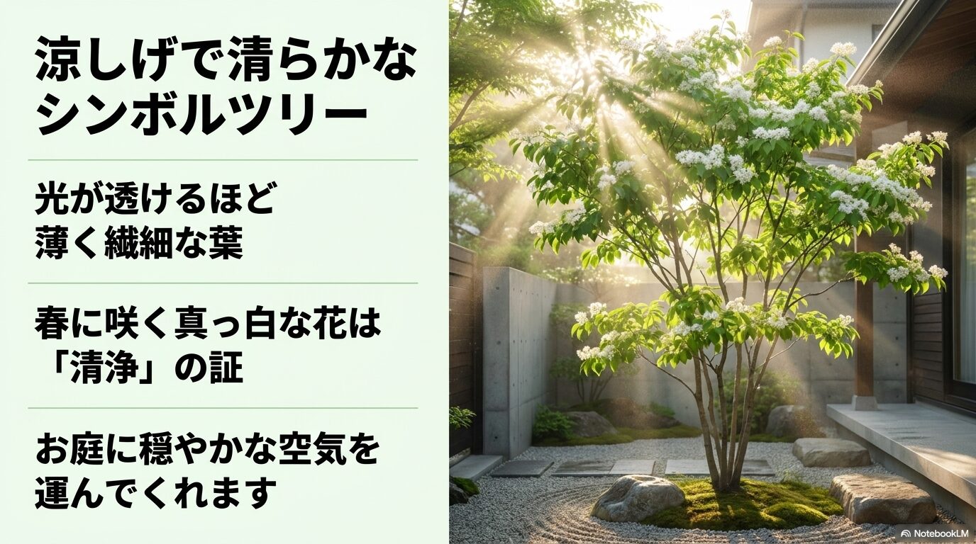 光が透ける薄く繊細な葉と春に咲く真っ白な花が特徴のハイノキ
