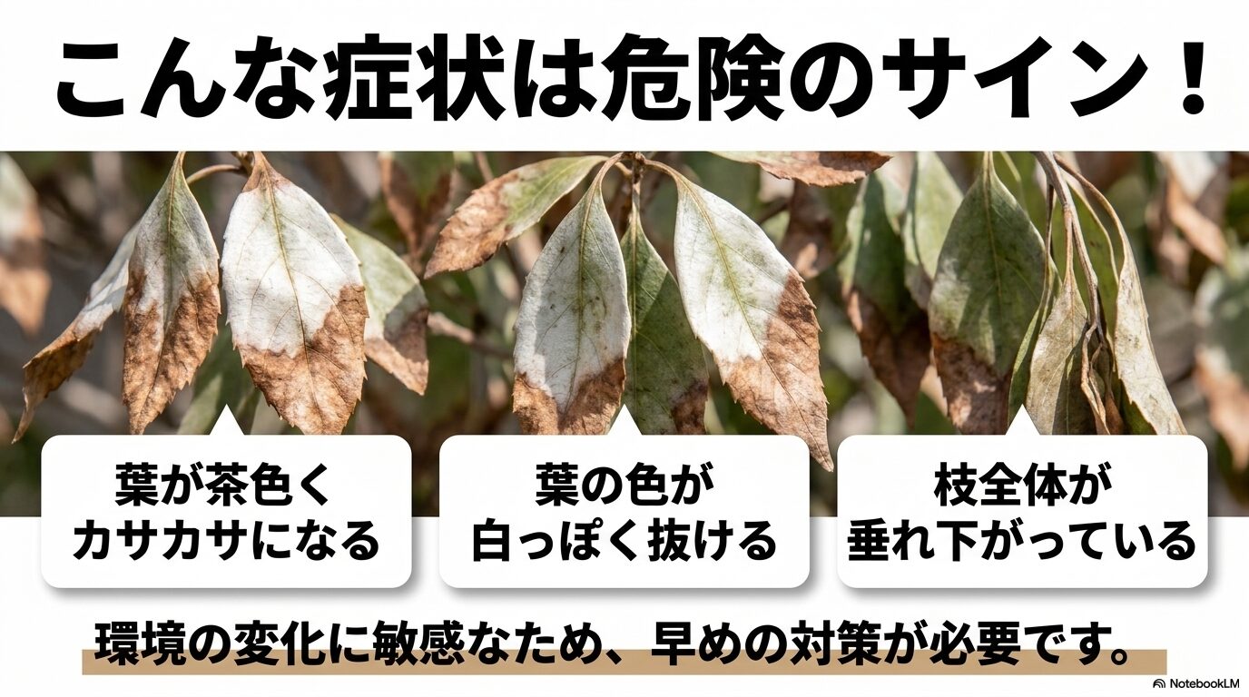 葉の色が白っぽく抜ける、茶色くカサカサになる、枝全体が垂れ下がるなどの危険な症状