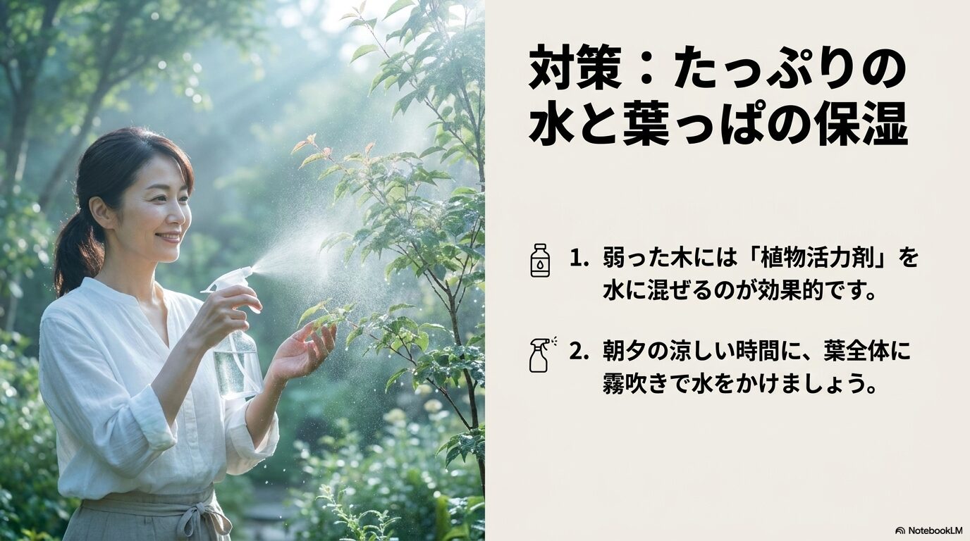 弱った木に活力剤を与える手順と、朝夕の涼しい時間に行う霧吹き（葉水）のイメージ
