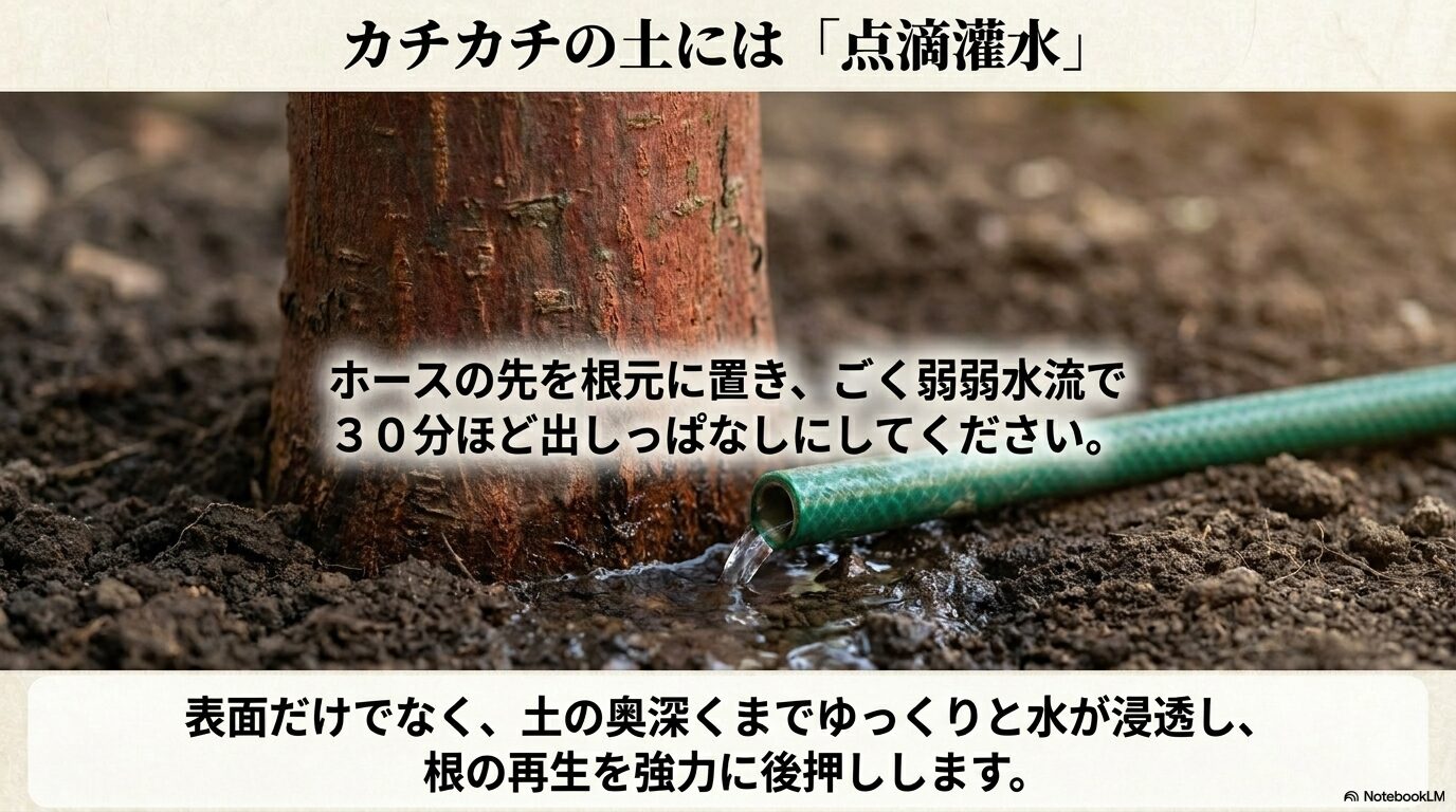 ホースを根元に置き、ごく弱めの水流で30分ほど出しっぱなしにして深部まで水を届ける方法