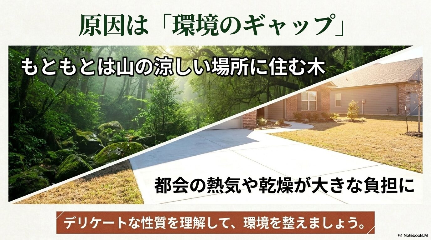 山の涼しい場所に自生するヒメシャラにとって、都会の熱気や乾燥が大きな負担になることを示す図解