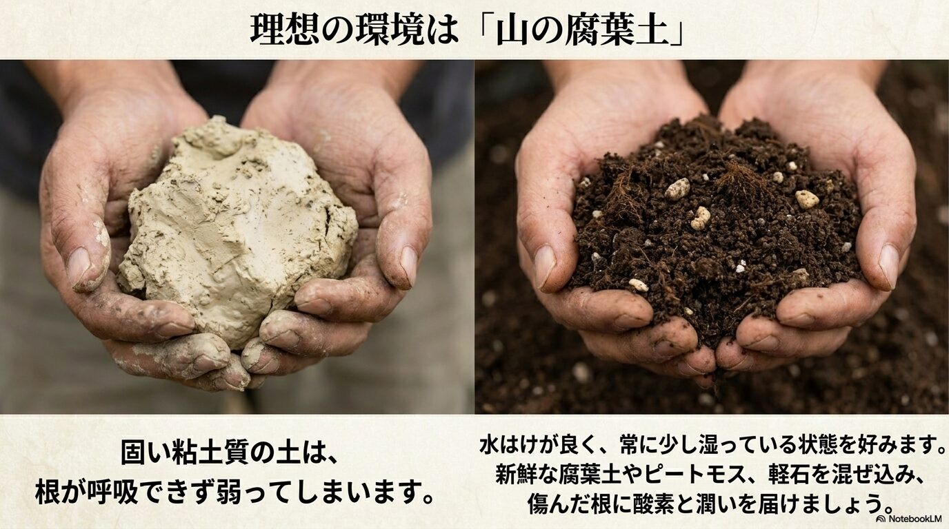 粘土質の土を避け、新鮮な腐葉土や軽石を混ぜ込んで水はけと通気性を改善する土壌イメージ