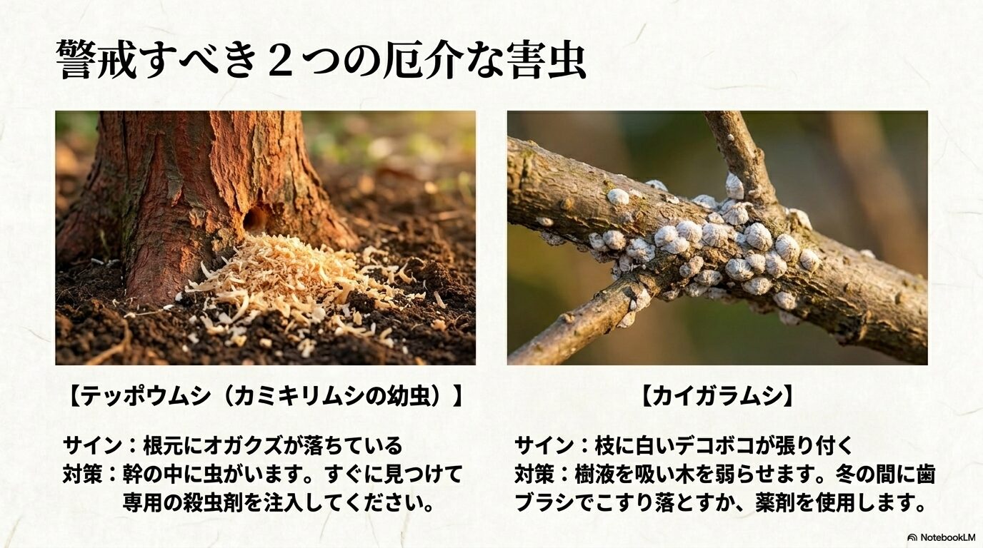 幹の穴とオガクズ（テッポウムシのサイン）および、枝に付着する白いカイガラムシの見た目と対策