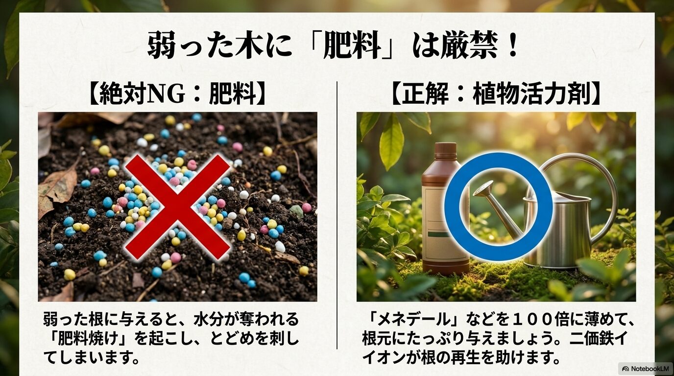 弱った根に肥料を与えてはいけない理由と、活力剤メネデールを100倍に薄めて与える正解の処置
