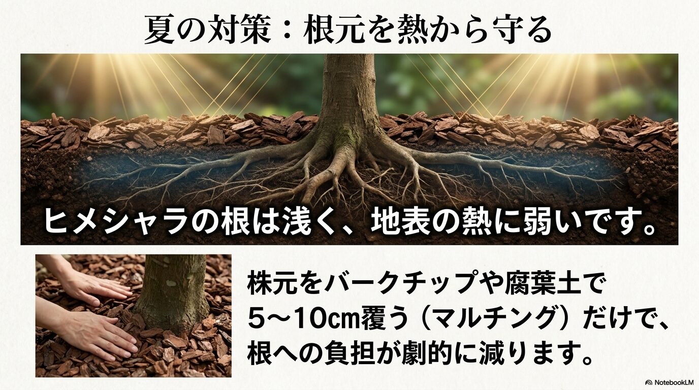 ヒメシャラの株元をバークチップや腐葉土で5〜10cm覆い、地表の熱から浅い根を守る様子