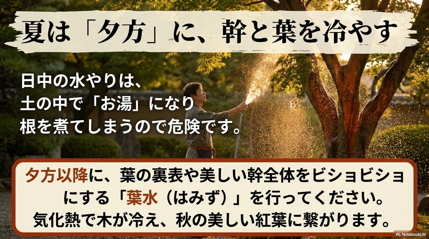 日中の水やりは根を煮てしまう危険があること、夕方の葉水が紅葉にも繋がることを示す解説