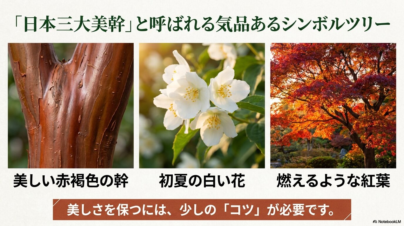 美しい赤褐色の樹皮、初夏の白い花、燃えるような紅葉の3枚の比較写真