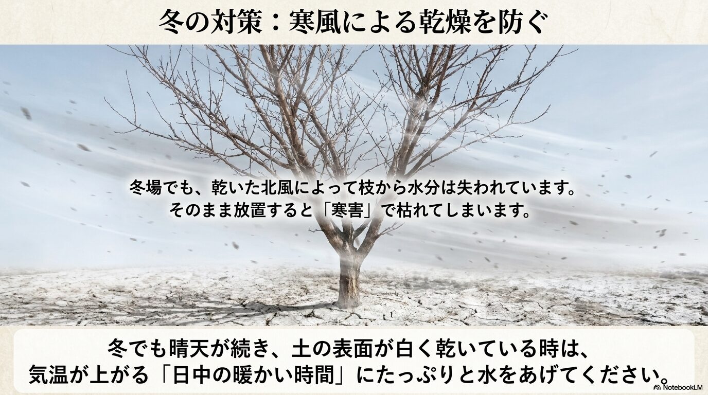 冬の北風による乾燥枯れ（寒害）を防ぐため、日中の暖かい時間に水やりを行う解説