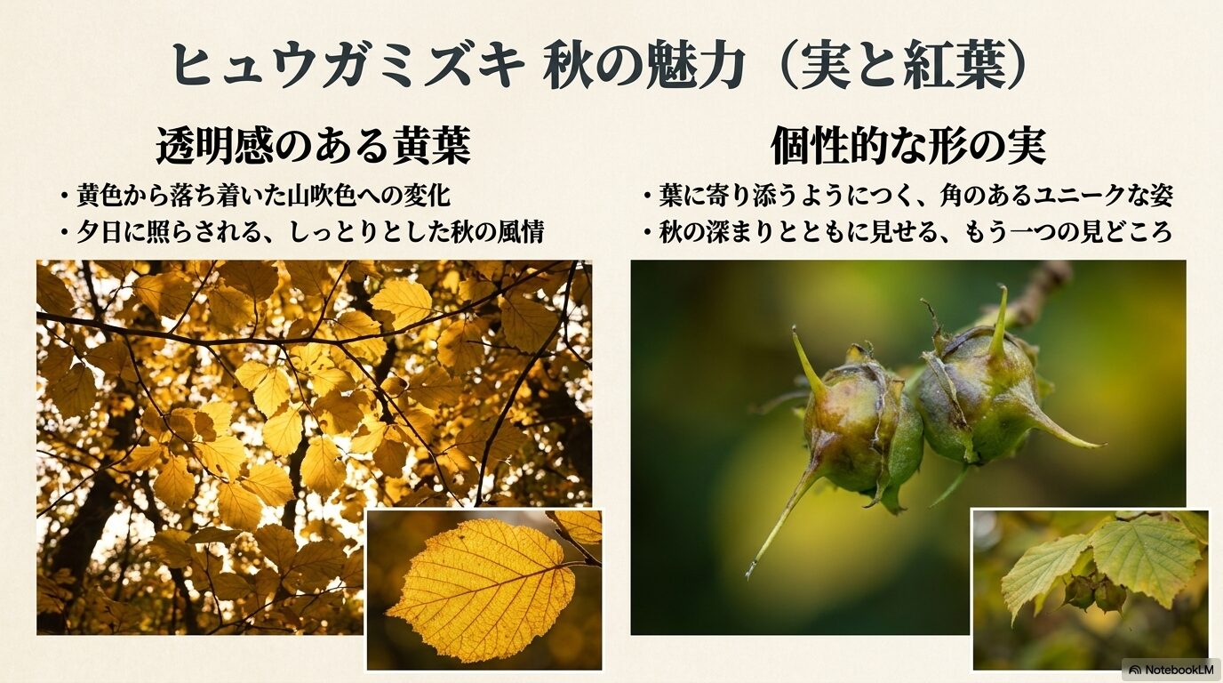 ヒュウガミズキの落ち着いた黄葉の美しさと、翌年の害虫を防ぐための落ち葉掃除の重要性を説明したスライド。