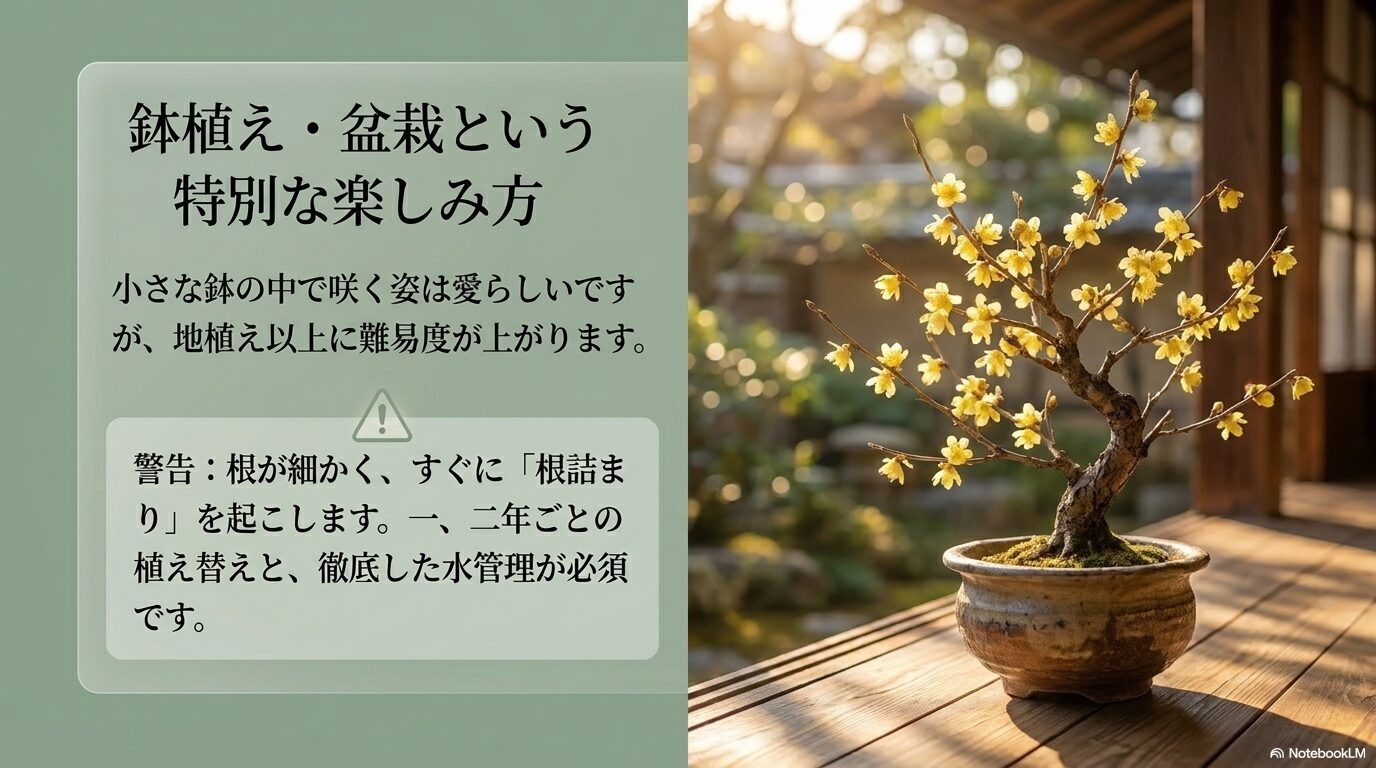 ヒュウガミズキを鉢植えや盆栽で楽しむ際の根詰まりリスクと、植え替え・水管理の必要性を伝える警告スライド。