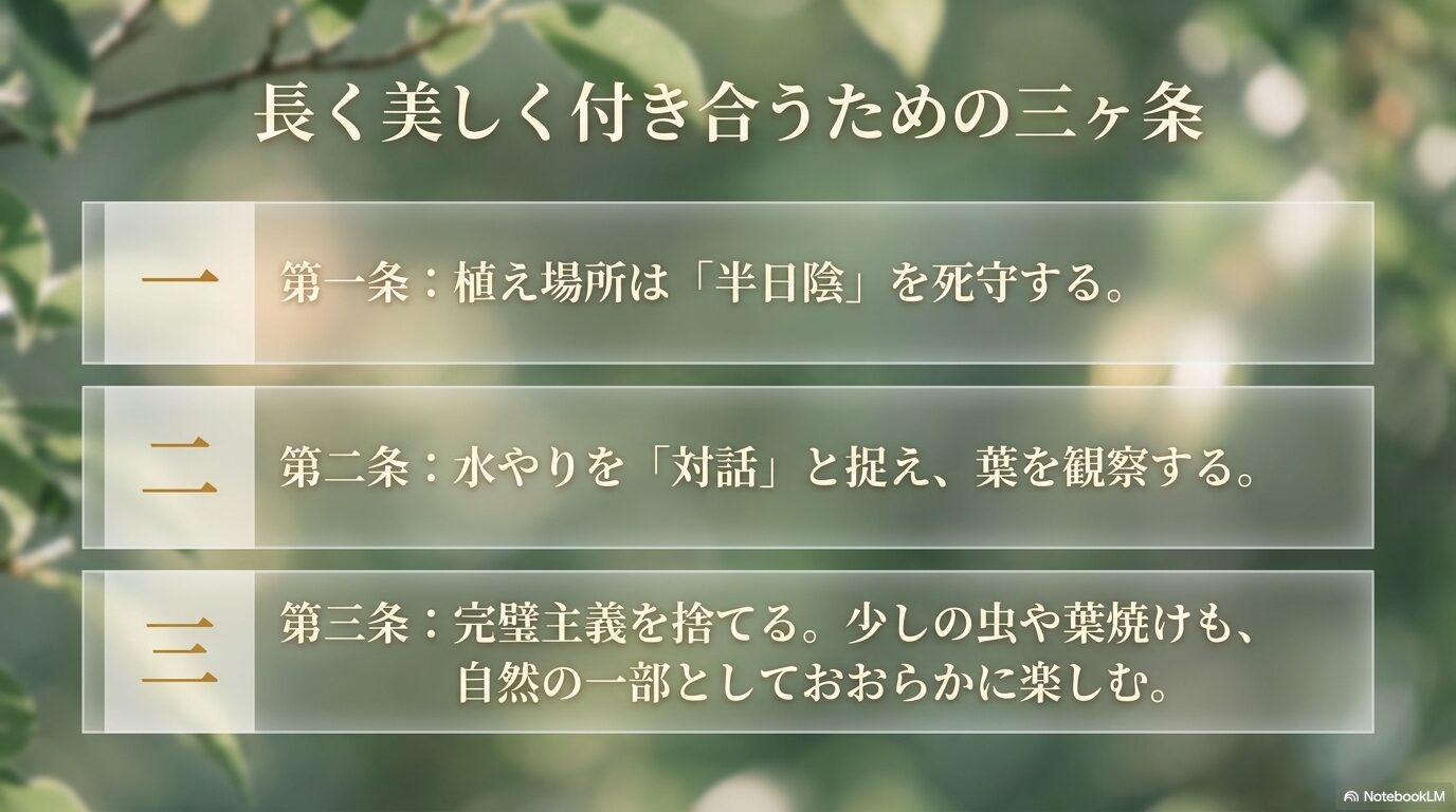 半日陰の死守、葉の観察、完璧主義を捨てるという、ヒュウガミズキを育てる上での心得をまとめたスライド。