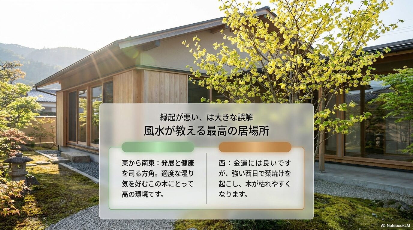 発展と健康を司る東〜南東の方角と、西日のリスクを説明した風水的な植栽場所の解説スライド。