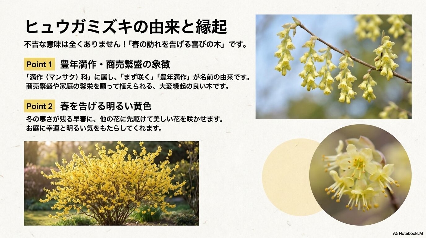 ヒュウガミズキの縁起の良さを解説したスライド資料。不吉な意味はなく 、マンサク科の「豊年満作」という由来から商売繁盛や家庭の繁栄を願う大変縁起の良い木であること 、早春に咲く黄色い花が幸運をもたらすこと を説明している。