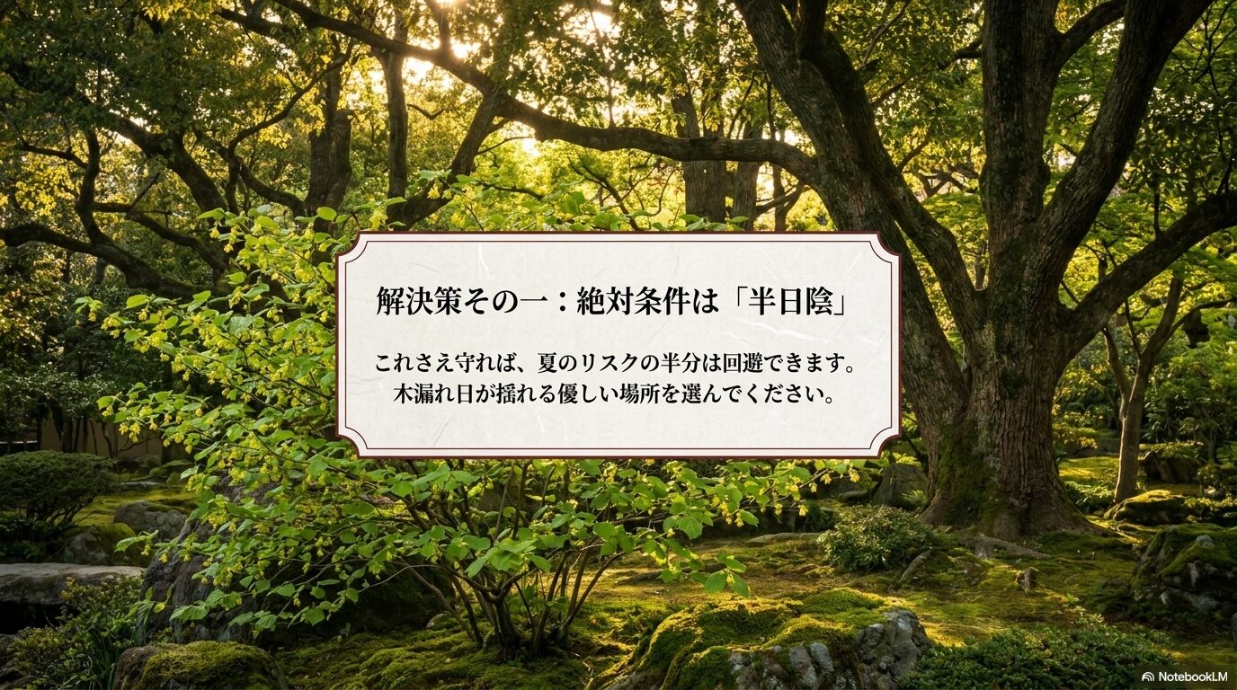 ヒュウガミズキを夏のリスクから守るための絶対条件として「半日陰」を推奨するスライド。