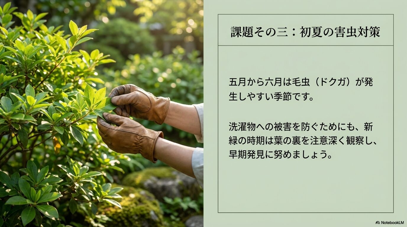 5〜6月のドクガ発生時期に、早期発見のために葉の裏を注意深く観察することを促すスライド。