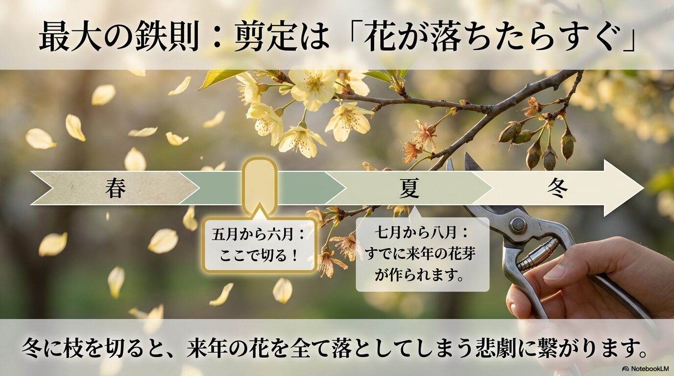 5〜6月の剪定推奨時期と、冬に切ると翌年の花を落としてしまうリスクを図解したスライド。