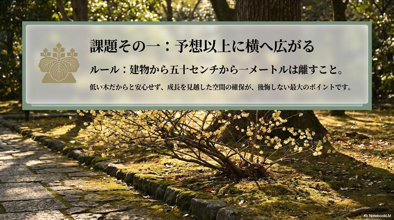 ヒュウガミズキが横に広がる特性と、建物から50cm〜1m離して植えるルールを解説したスライド。