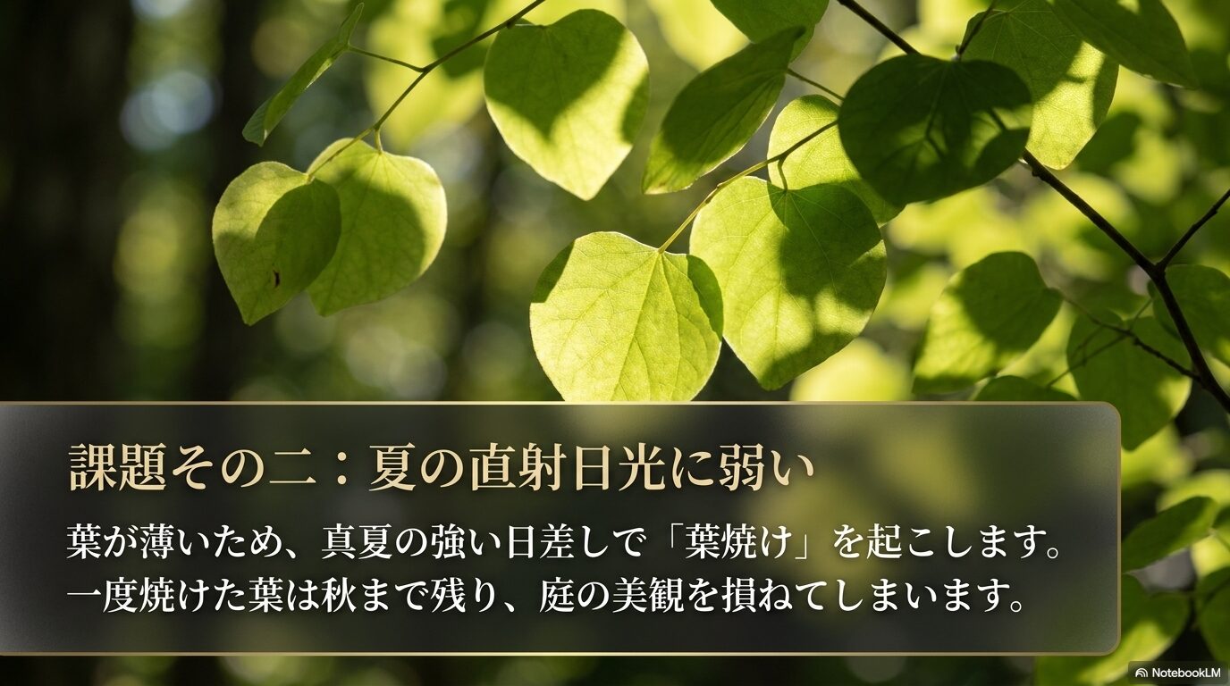 ヒュウガミズキの薄い葉が直射日光で葉焼けを起こし、美観を損なうリスクを説明したスライド。