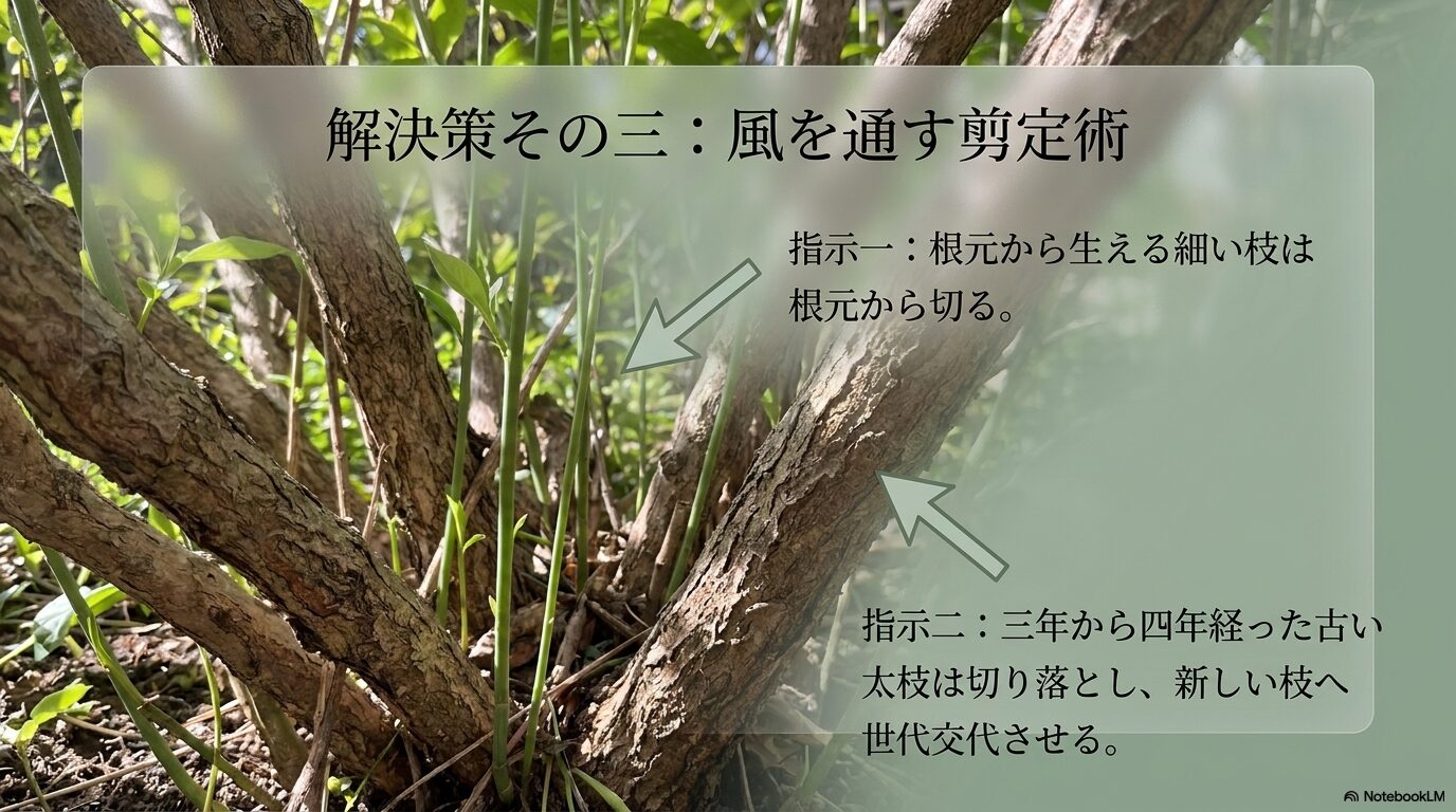 ひこばえの処理や3〜4年経った古い太枝の切り落としなど、具体的な剪定指示をまとめたスライド。
