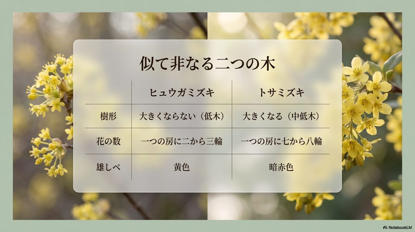 樹形、花の数、雄しべの色など、ヒュウガミズキとトサミズキの相違点をまとめた比較表スライド。